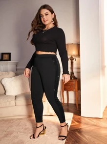SHEIN Privé 大碼亮片細節緊身打底褲 - 黑色 - 查看 7