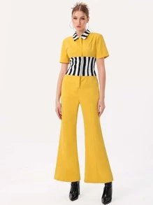 DAY LITE Striped Print Button Front Jumpsuit - Yellow - View 4