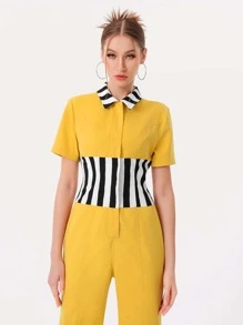 DAY LITE Striped Print Button Front Jumpsuit - Yellow - View 5
