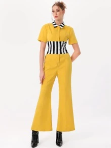DAY LITE Striped Print Button Front Jumpsuit - Yellow - View 6