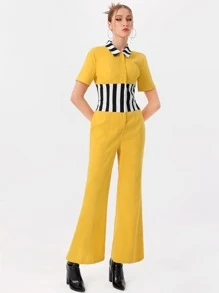 DAY LITE Striped Print Button Front Jumpsuit - Yellow - View 7
