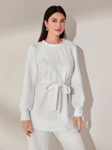 Mulvari Solid Belted Cable Knit Sweatshirt - White - View 3
