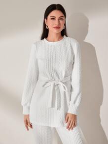 Mulvari Solid Belted Cable Knit Sweatshirt - White - View 6