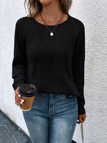 SHEIN LUNE Jersey de manga raglán tejido de cable - Negro - Ver 1