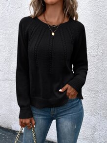 SHEIN LUNE Jersey de manga raglán tejido de cable - Negro - Ver 3