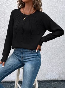 SHEIN LUNE Jersey de manga raglán tejido de cable - Negro - Ver 4