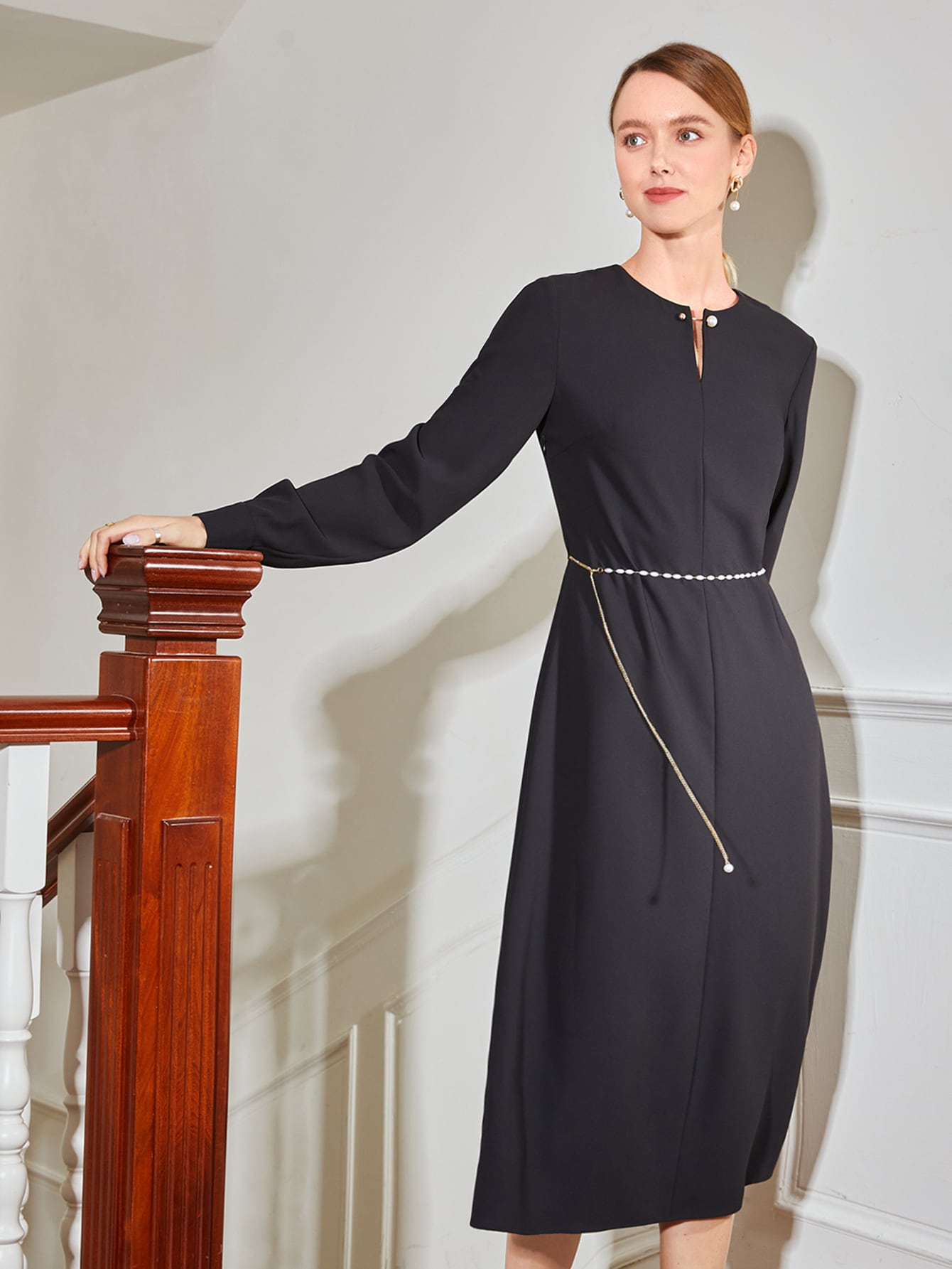 pearl embellished black dress Black Pearl Beaded Maxi Dress L main image 1
