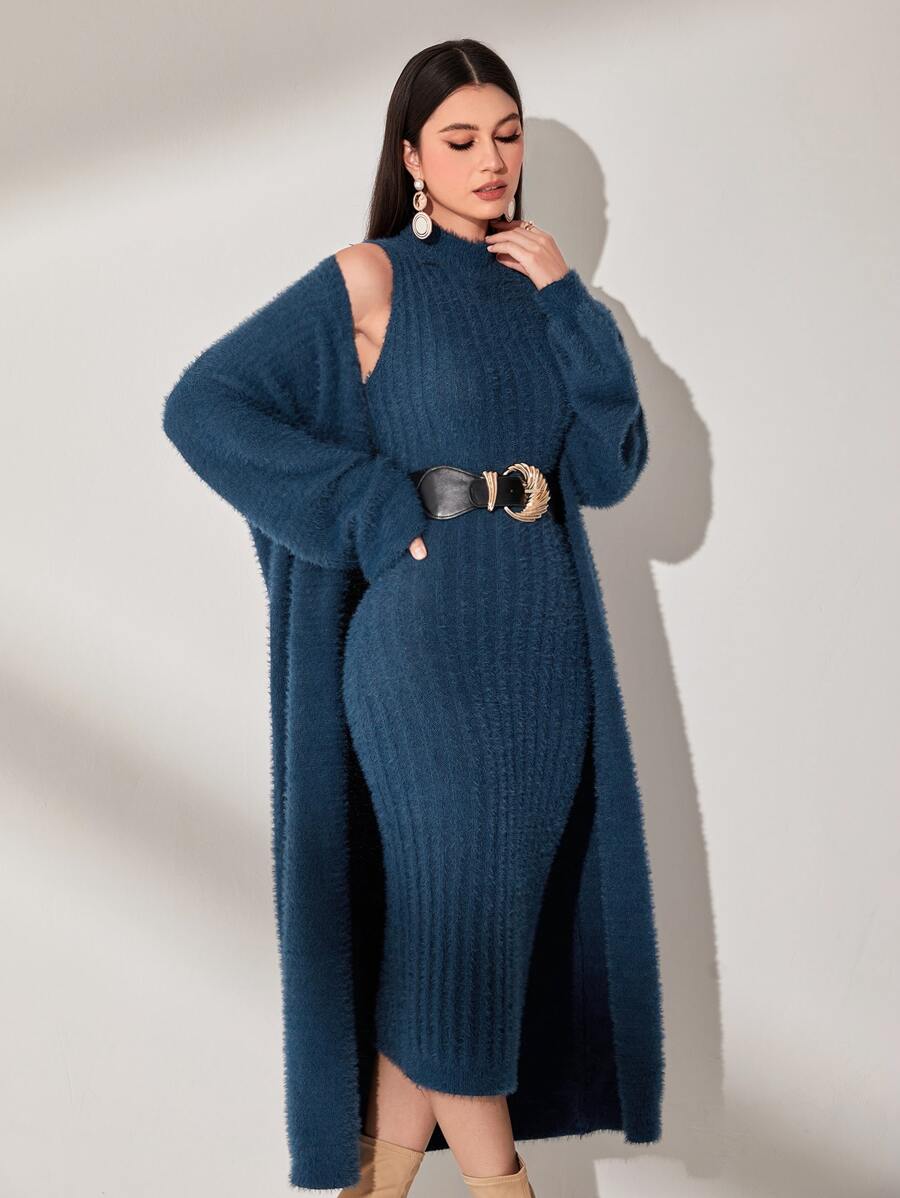 Modelyn 小高領無袖毛衣裙和開襟衫 - 藏蓝色 - 查看 1