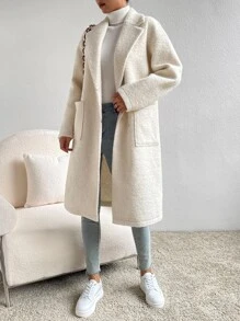 SHEIN EZwear Abrigo oversize con bolsillos dobles, cuello de solapa y mangas largas para mujer - Albaricoque - Ver 5