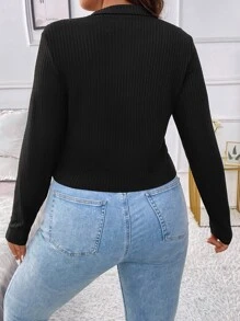 Flirla Áo thun Plus size Dây kéo Gân đan màu trơn Giải trí - màu đen - Xem 2