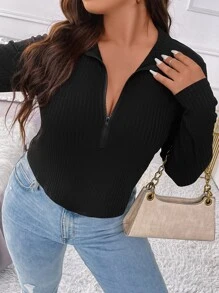 Flirla Áo thun Plus size Dây kéo Gân đan màu trơn Giải trí - màu đen - Xem 5