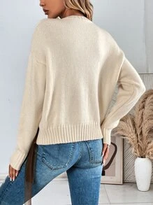 Whipstitch Drop Shoulder Round Neck Jumper - Beige - View 2