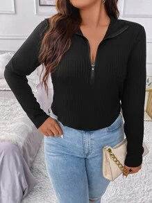 Flirla Áo thun Plus size Dây kéo Gân đan màu trơn Giải trí - màu đen - Xem 6