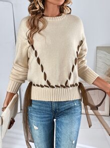 Whipstitch Drop Shoulder Round Neck Jumper - Beige - View 3