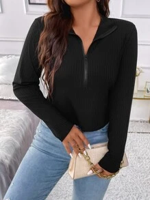 Flirla Áo thun Plus size Dây kéo Gân đan màu trơn Giải trí - màu đen - Xem 7