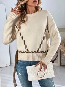 Whipstitch Drop Shoulder Round Neck Jumper - Beige - View 4