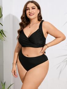 SHEIN Swim Curve Top de bikini con nudo en la espalda liso, para verano y vacaciones a la playa - Negro - Ver 3