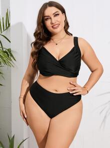SHEIN Swim Curve Top de bikini con nudo en la espalda liso, para verano y vacaciones a la playa - Negro - Ver 5
