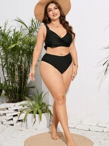 SHEIN Swim Curve Top de bikini con nudo en la espalda liso, para verano y vacaciones a la playa - Negro - Ver 6