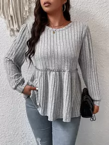 Calvaya Áo thun Plus size viền lá sen Viên lá sen màu trơn Giải trí - Màu Xám nhạt - Xem 1