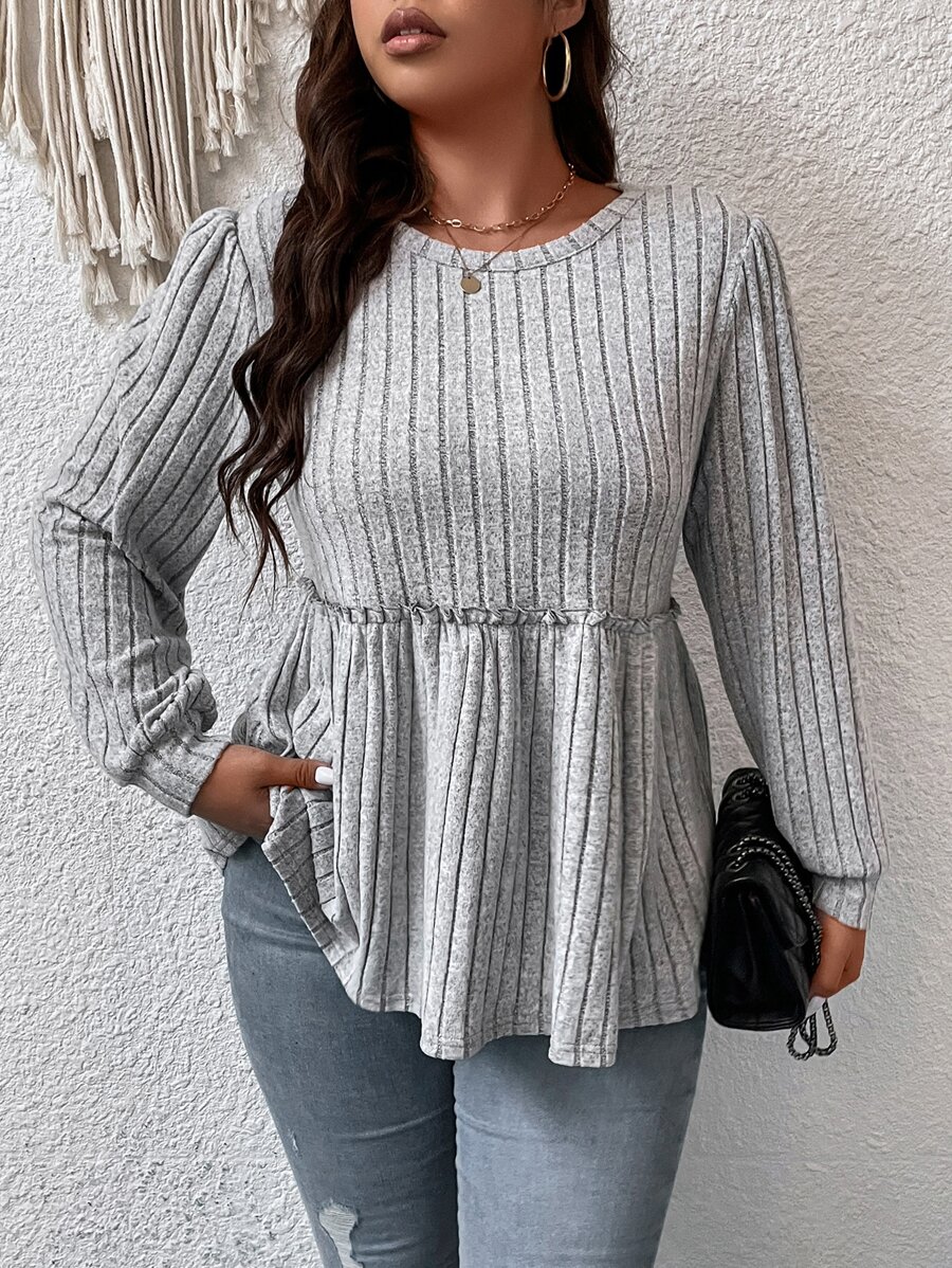 Calvaya Áo thun Plus size viền lá sen Viên lá sen màu trơn Giải trí - Màu Xám nhạt - Xem 1