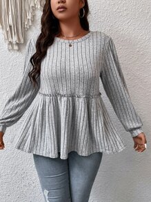 Calvaya Áo thun Plus size viền lá sen Viên lá sen màu trơn Giải trí - Màu Xám nhạt - Xem 3