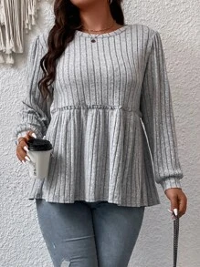 Calvaya Áo thun Plus size viền lá sen Viên lá sen màu trơn Giải trí - Màu Xám nhạt - Xem 6