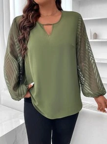 SHEIN Clasi Plus Keyhole Neckline Contrast Mesh Lantern Sleeve Blouse - Army Green - View 3