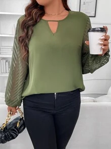 SHEIN Clasi Plus Keyhole Neckline Contrast Mesh Lantern Sleeve Blouse - Army Green - View 5