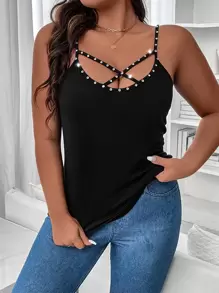Calvaya Plus Rhinestone Beaded Crisscross Front Cami Top - Black - View 3