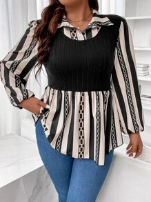 SHEIN Clasi Plus Chain Print Flounce Sleeve Peplum 2 In 1 Top - Multicolor - View 5