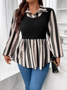 SHEIN Clasi Plus Chain Print Flounce Sleeve Peplum 2 In 1 Top - Multicolor - View 6