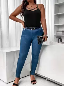 Calvaya Plus Rhinestone Beaded Crisscross Front Cami Top - Black - View 5