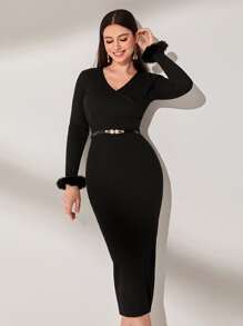 Modelyn Solid V Neck Fuzzy Trim Jumper Dress Without Belt - Black - View 1