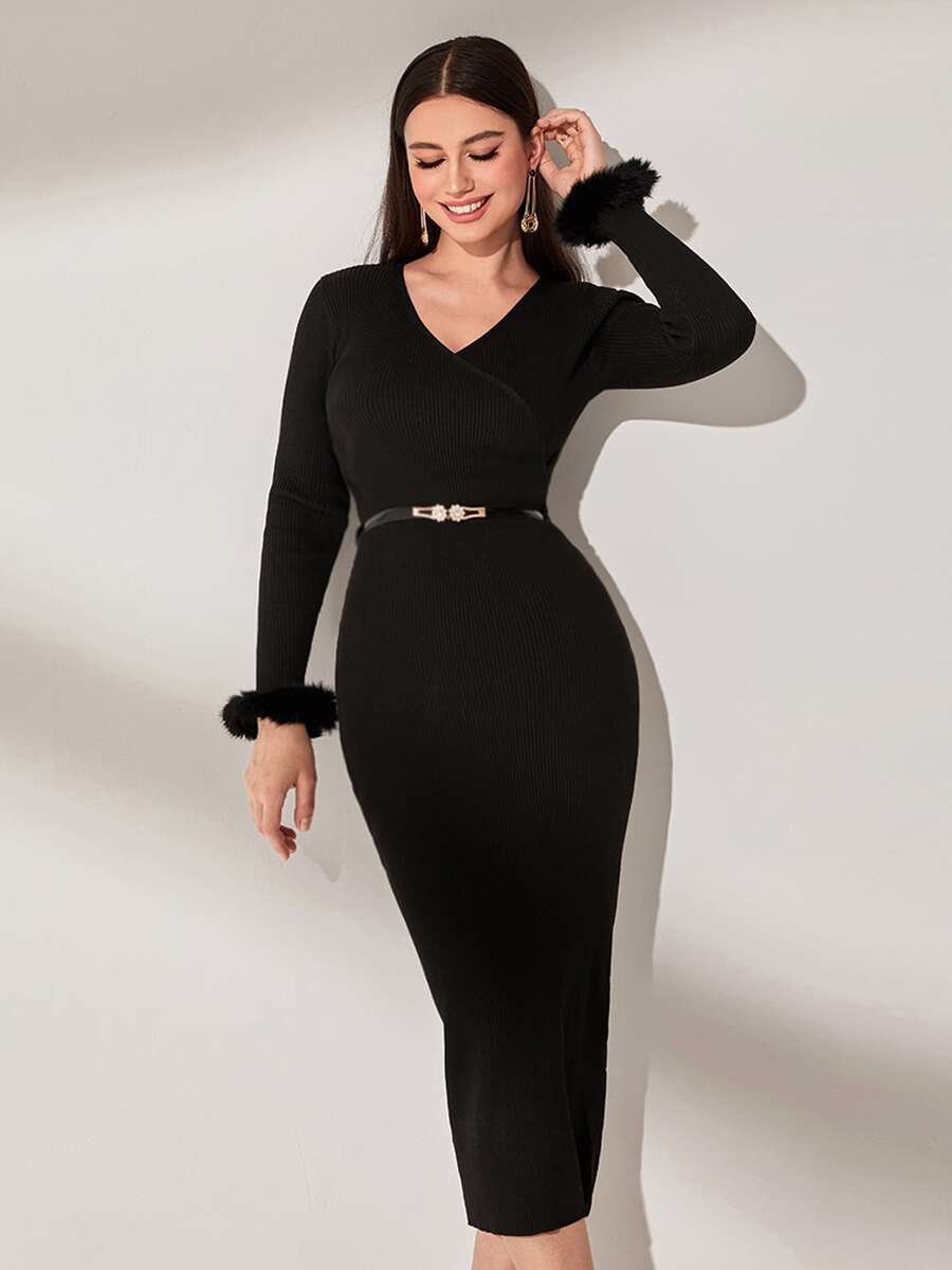 Modelyn Solid V Neck Fuzzy Trim Jumper Dress Without Belt - Black - View 1