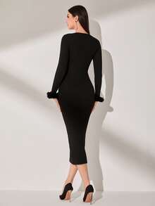 Modelyn Solid V Neck Fuzzy Trim Jumper Dress Without Belt - Black - View 2