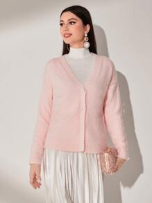 Mulvari Cárdigan de hombros caídos con botón delantero - Rosa Pálido - Ver 5