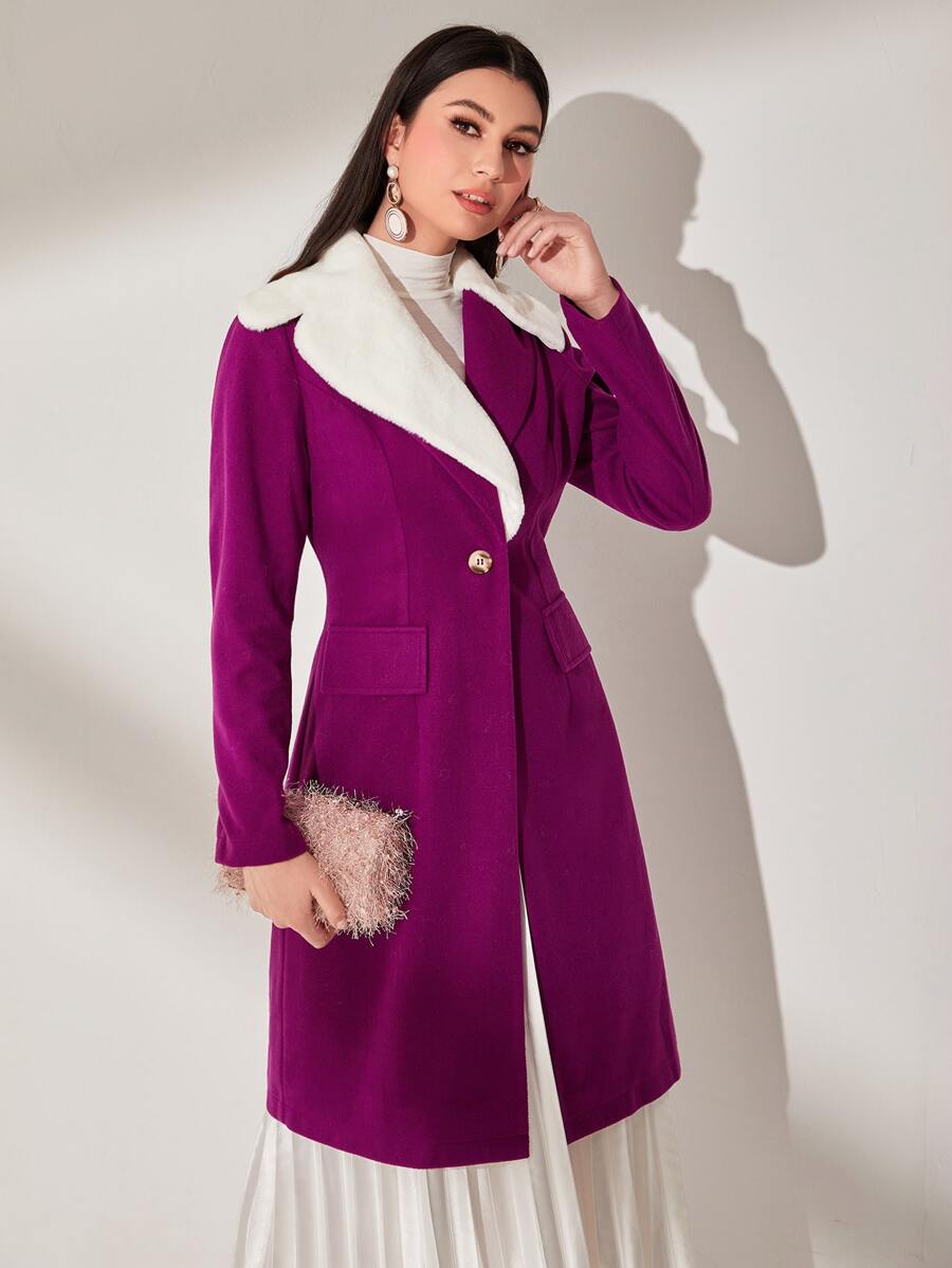 Modelyn Borg Collar Flap Detail Overcoat - Purple - View 1