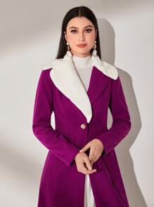 Modelyn Borg Collar Flap Detail Overcoat - Purple - View 5