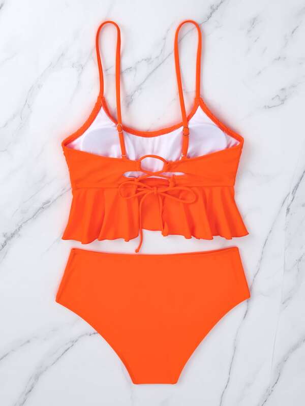 SHEIN Swim Vcay Neon Orange Tankini Smocked Flowy Cami Top & High Waisted Bottom 2 Piece Bathing