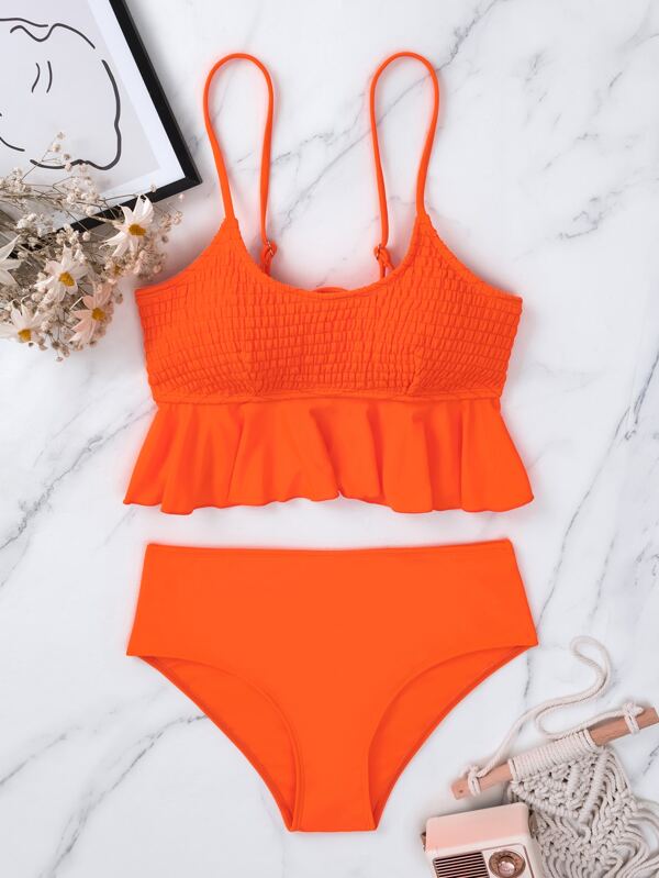 SHEIN Swim Vcay Neon Orange Tankini Smocked Flowy Cami Top & High