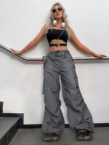 Quần nữ Dây kéo Túi màu trơn Giải trí - Xám - Xem 3