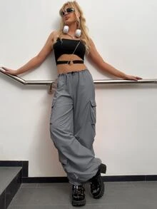 Quần nữ Dây kéo Túi màu trơn Giải trí - Xám - Xem 6