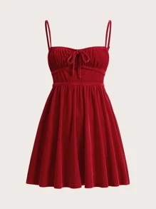 SHEIN MOD Vestido de tirantes unicolor de franela pecho con fruncido - Rojo - Ver 1