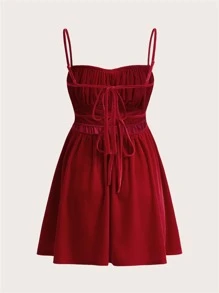 SHEIN MOD Vestido de tirantes unicolor de franela pecho con fruncido - Rojo - Ver 2