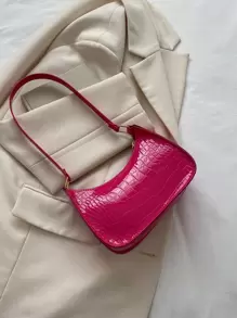Mini Neon Pink Crocodile Embossed Hobo Bag - Hot Pink - View 2