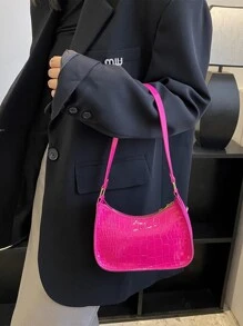 Mini Neon Pink Crocodile Embossed Hobo Bag - Hot Pink - View 5