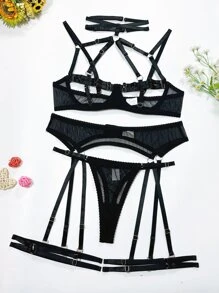 Contrast Lace Mesh Underwire Garter Lingerie Set - Black - View 2