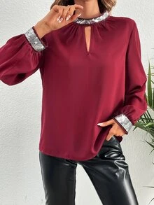 SHEIN LUNE Contrast Sequin Keyhole Neck Blouse - Burgundy - View 4