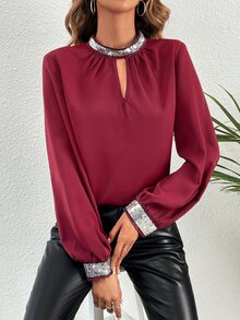 SHEIN LUNE Contrast Sequin Keyhole Neck Blouse - Burgundy - View 5